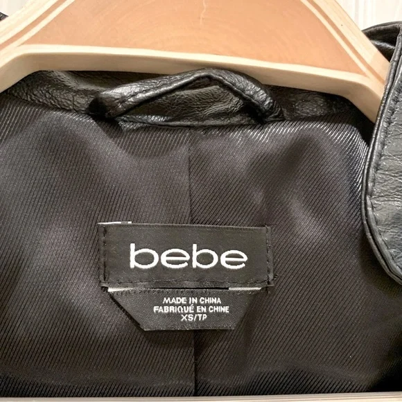 🌟 BEBE Black Genuine Leather Spiked Sleeves Peplum Moto Biker Jacket - Picture 15 of 16